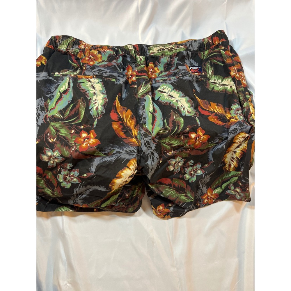 Superdry Men's Tropical Floral Swim Trunks Shorts Black Orange Green Size XL